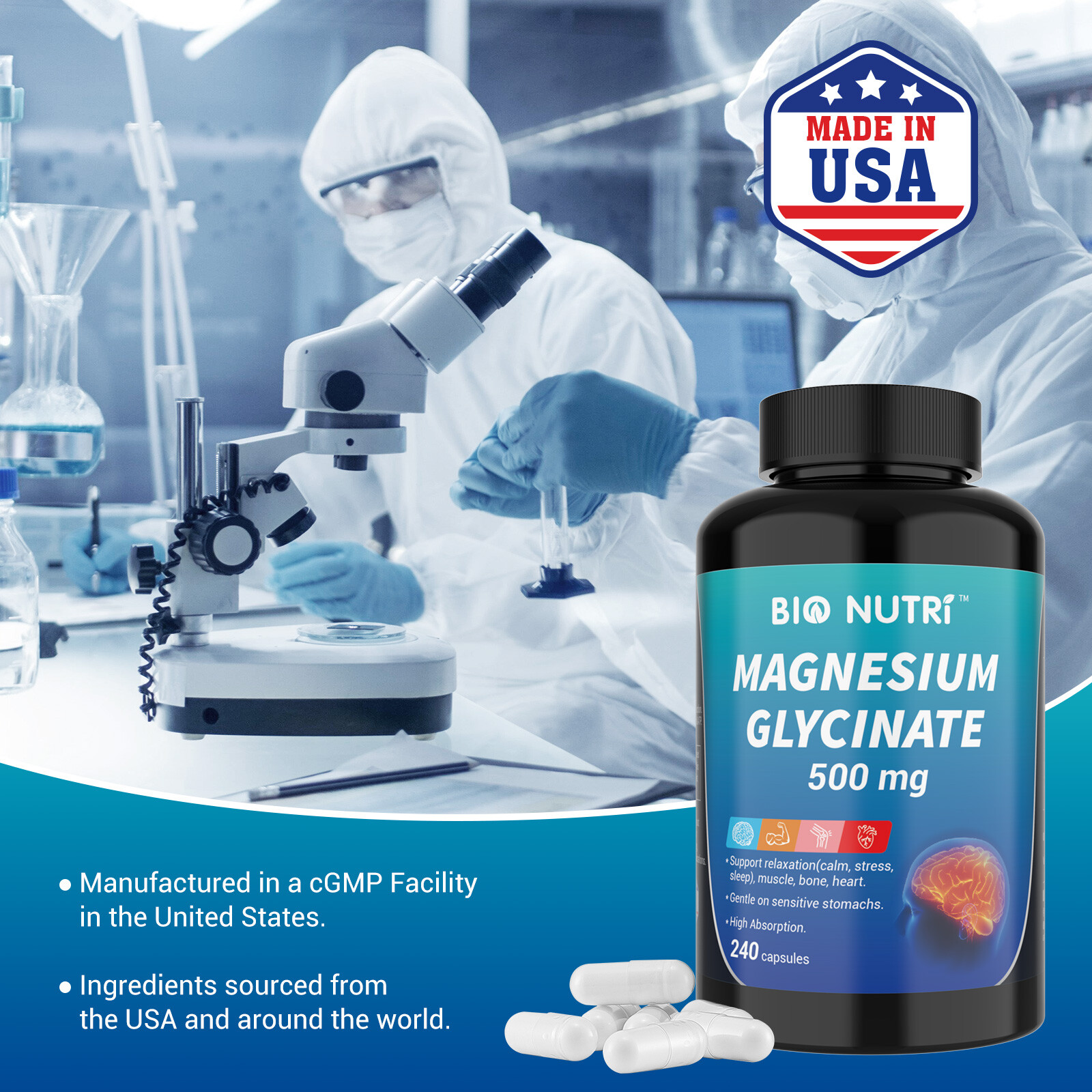 BIO NUTRI Magnesium Glycinate 500mg, 240 Capsules Elemental Magnesium Supplement