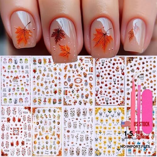 Autumn Nail Stickers Set – 10 Sheets Fall Nail Art Decals with Tweezers Nail