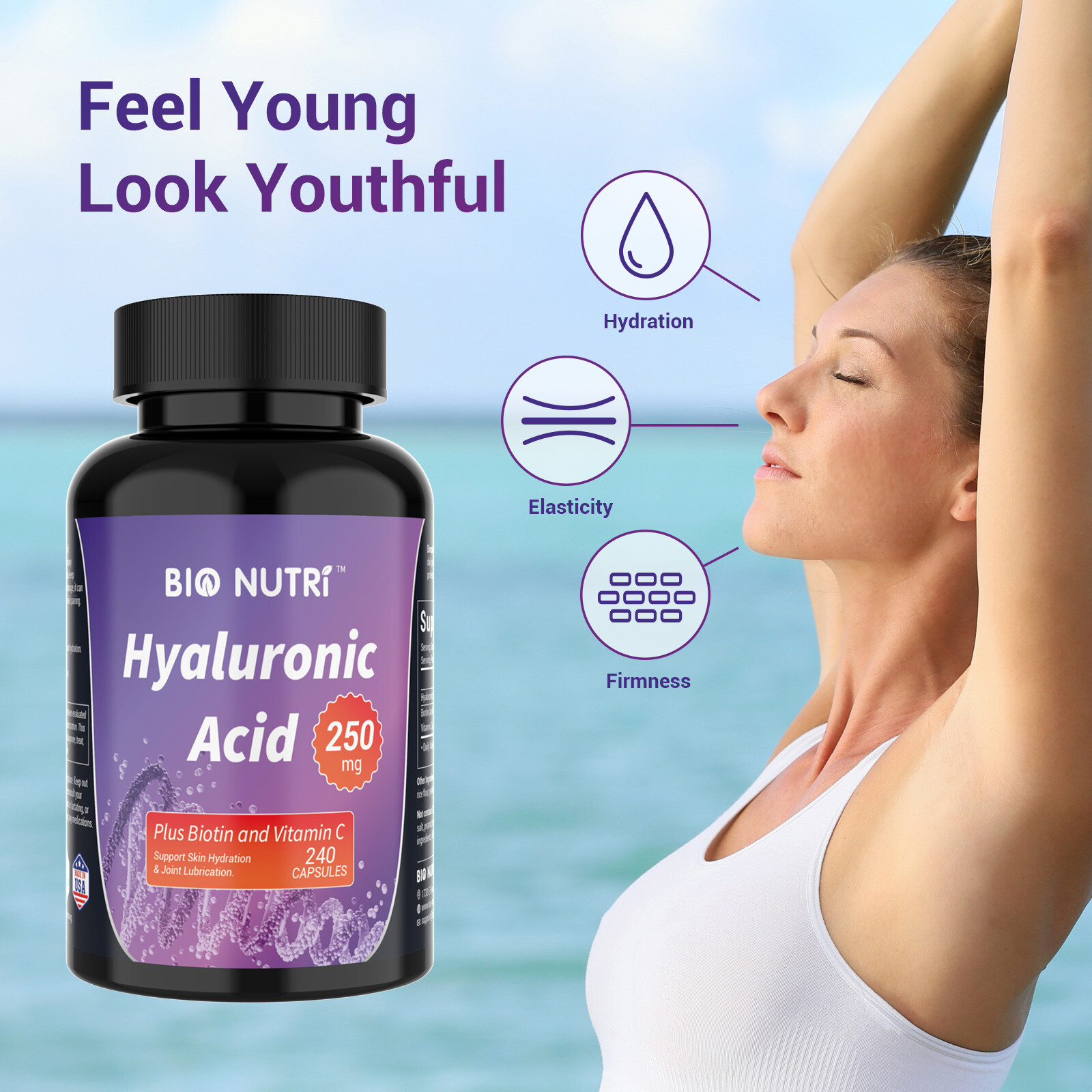 BIO NUTRI Hyaluronic Acid Supplements Emollient Moisturizing Anti-aging Biotin
