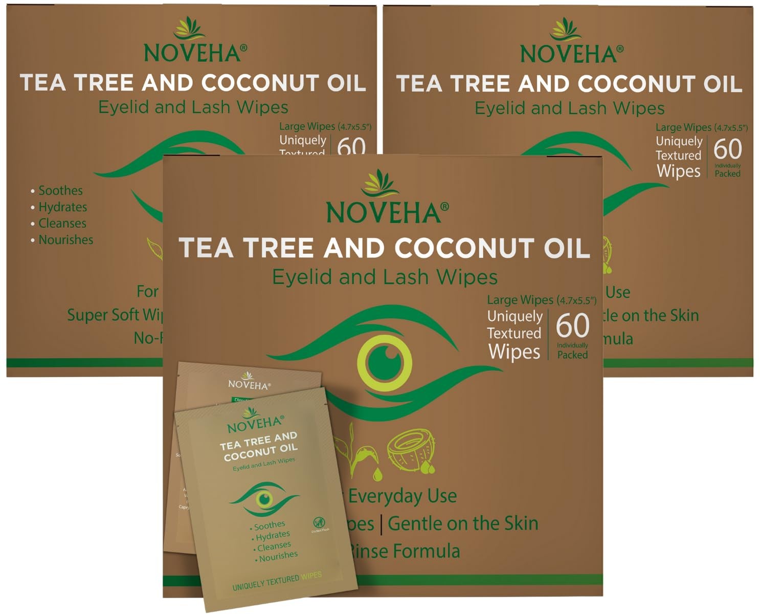 NOVEHA 180PCs Tea Tree & Coconut Oil Eyelid & 60 Count (Pack of 3), 3 Pack