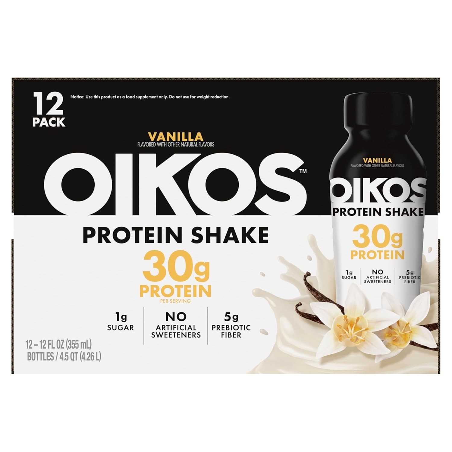 Oikos Protein Shake, Vanilla, 30g High Drinks, 12 Fl Oz (Pack of 12)