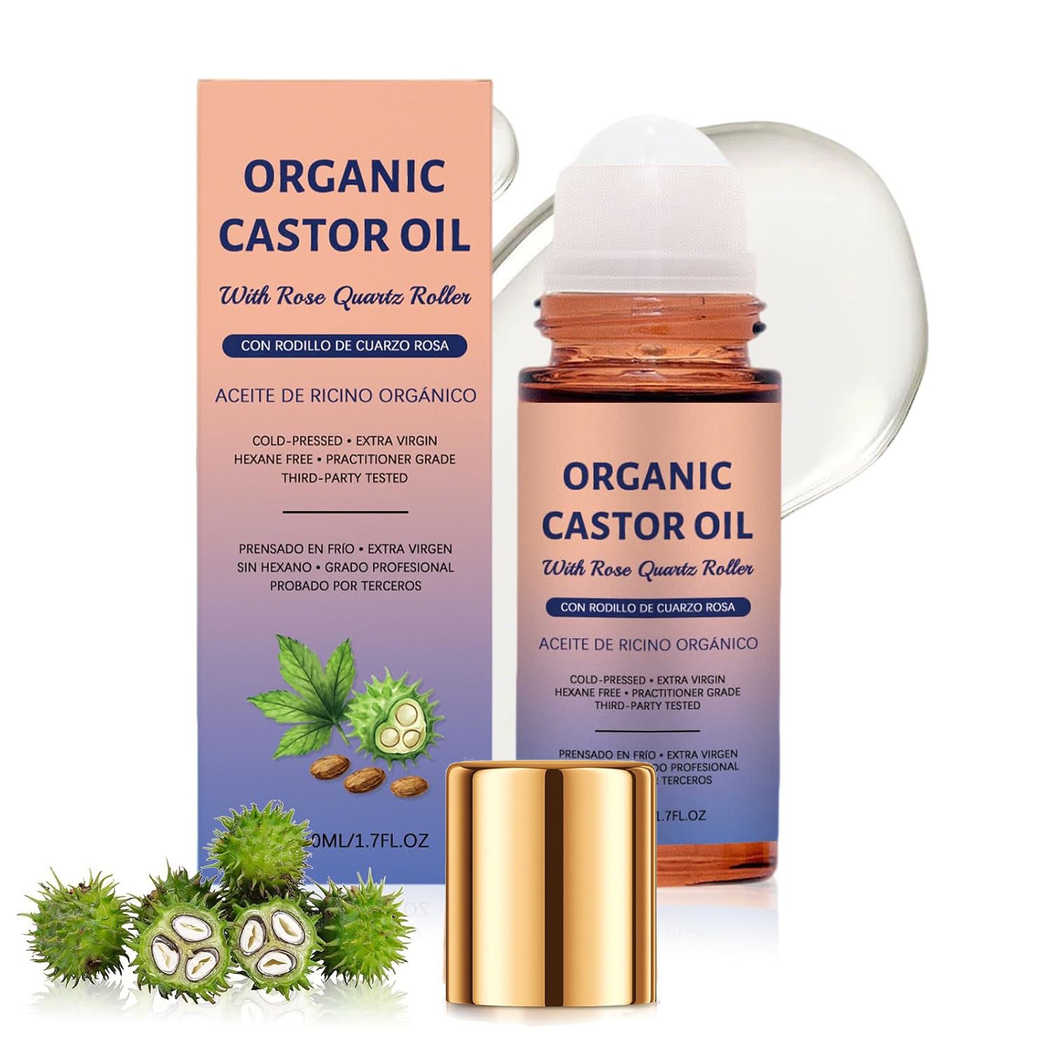 Organic Golden Castor Oil Roll-On with Rose Quartz for Skin,Hair Growth&Wrinkle