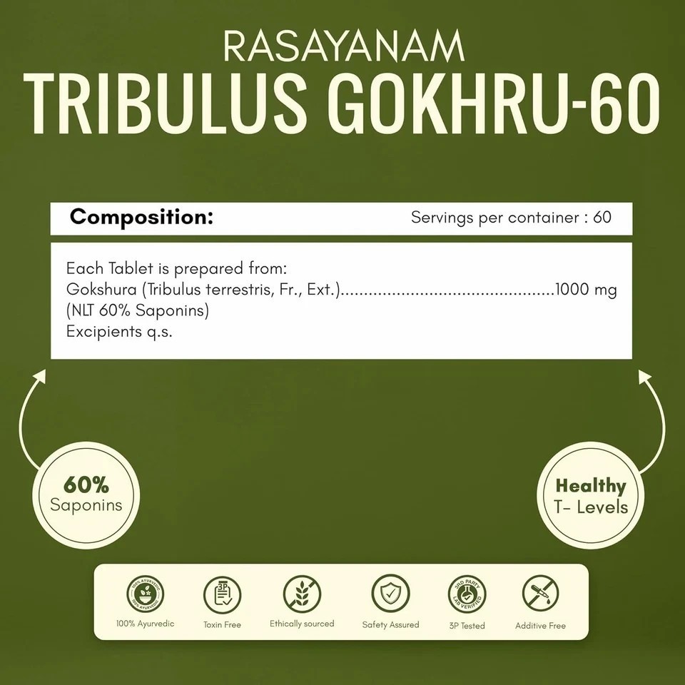 Gokshura -Puncture Vine ( Tribulus terrestris ) 1000mg – 60 Tablet ( pack of 3 )