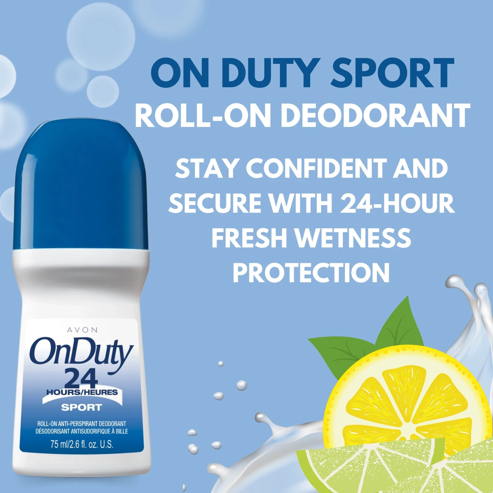 Avon On Duty Sport 24 Hr Roll-On Antiperspirant Deodorant, – 2.6 fl oz (6-Pack)