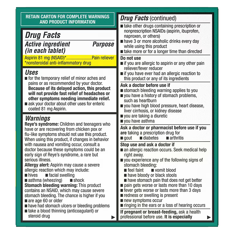Low Dose Aspirin 81 mg 730 Tablets Coated Compare to Bayer Exp: 2028