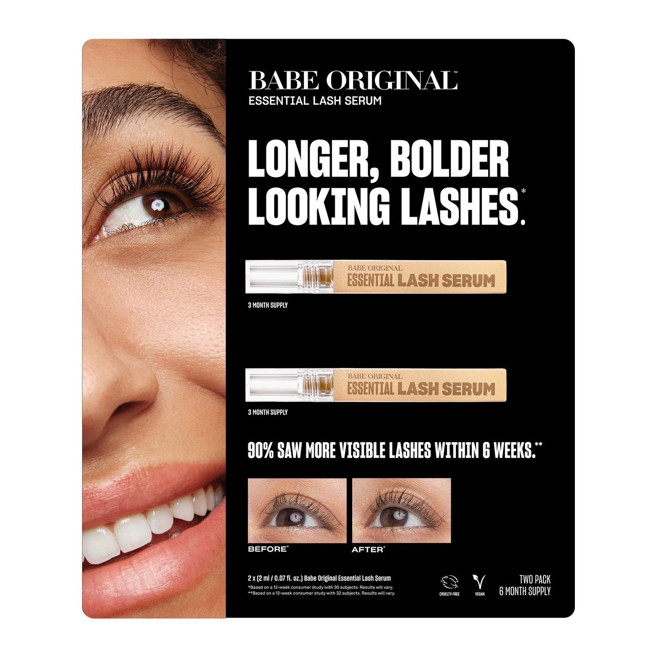 2 PK. BABE ORIGINAL EYELASH SERUM 2X (0.07 fl oz/2ml) 6 MONTH SUPPLY