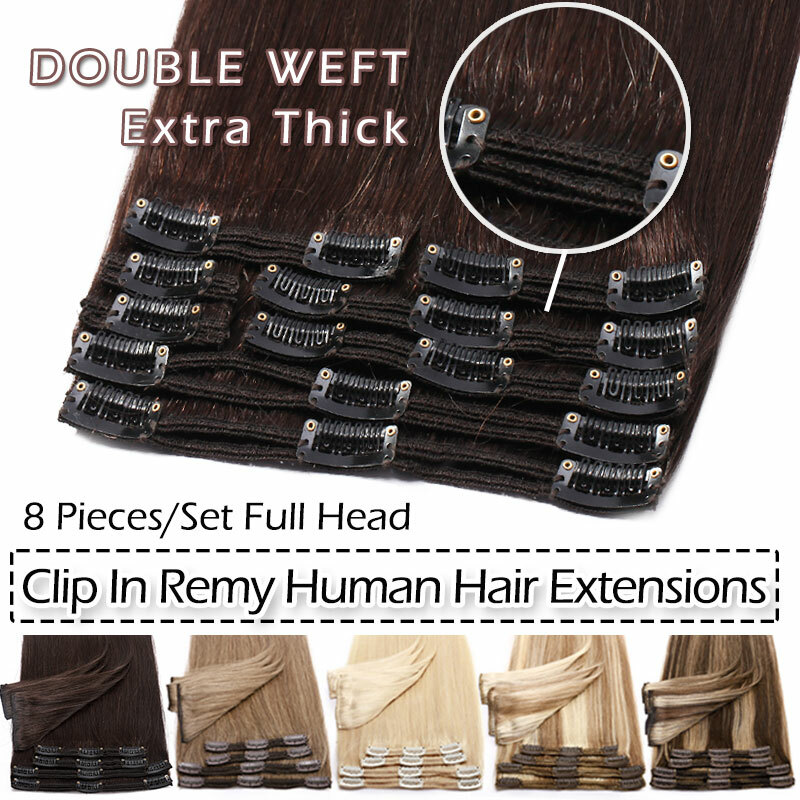 Thick Double Weft Seamless Clip In Real Remy Human Hair Extensions Full Head USA