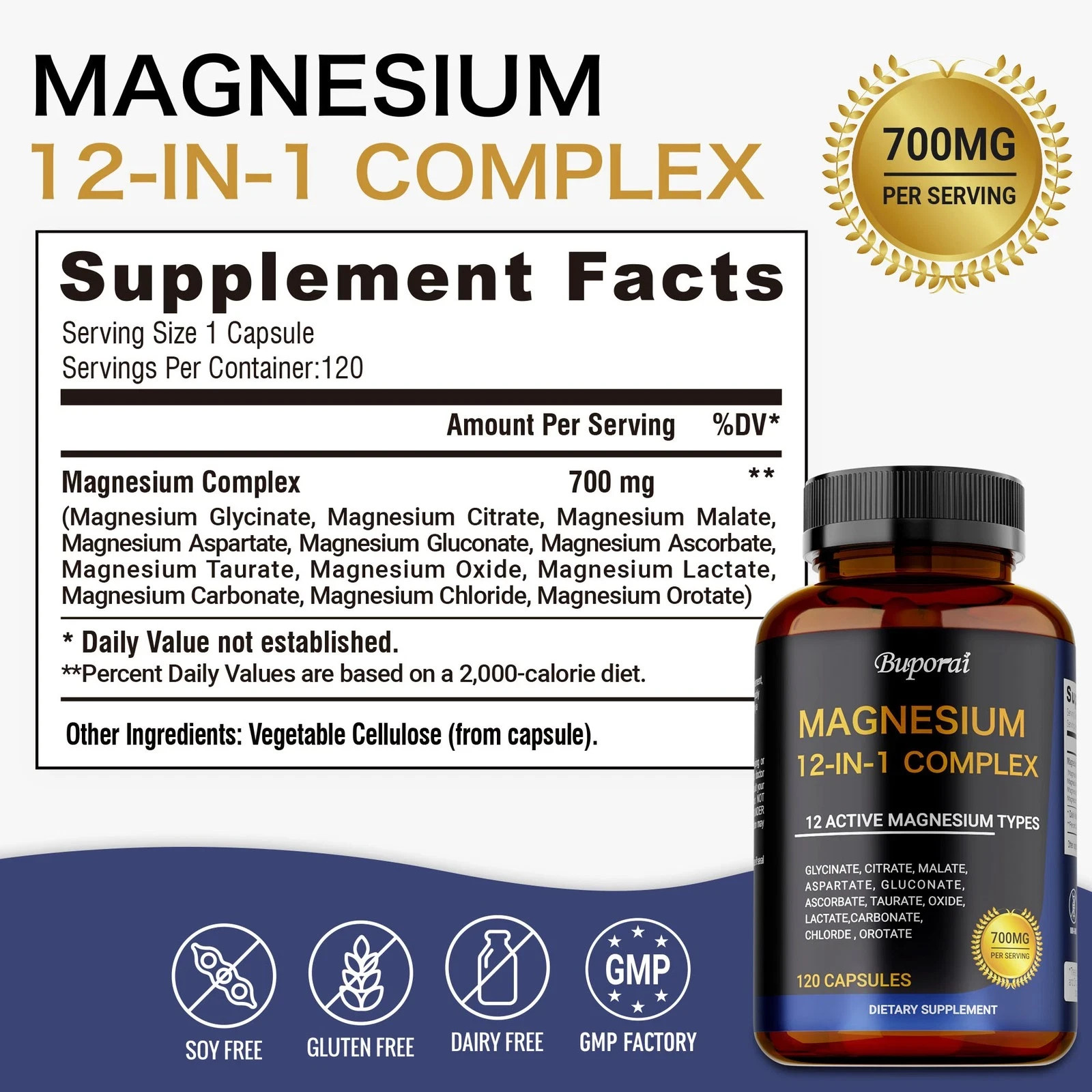Magnesium Complex 12 in 1 Magnesium Glycinate/Citrate/Malate/Orotate USA 3X120C
