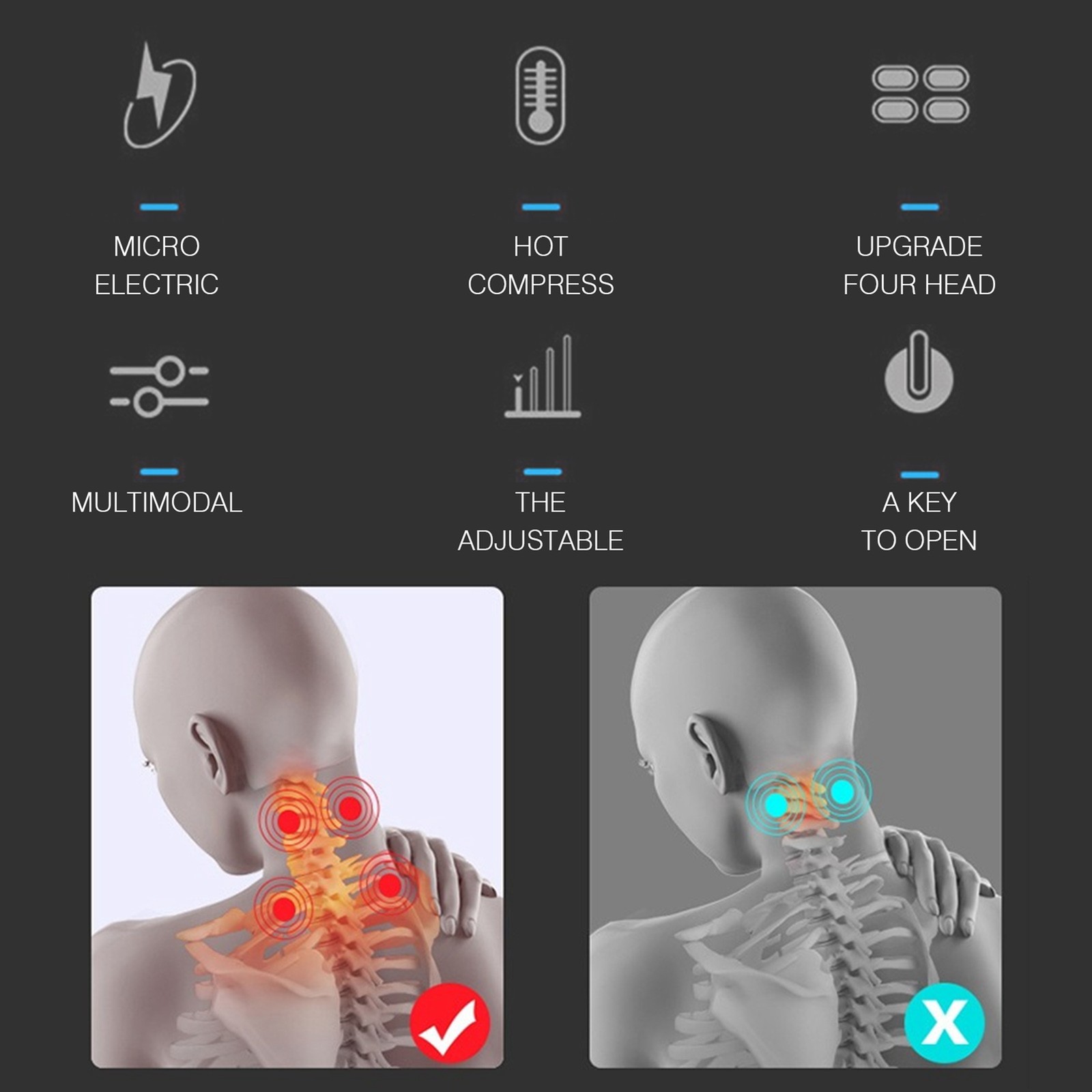 Cervical Massager 16 Modes USB Smart Pulse Heating 4 Head Neck Massager for Neck