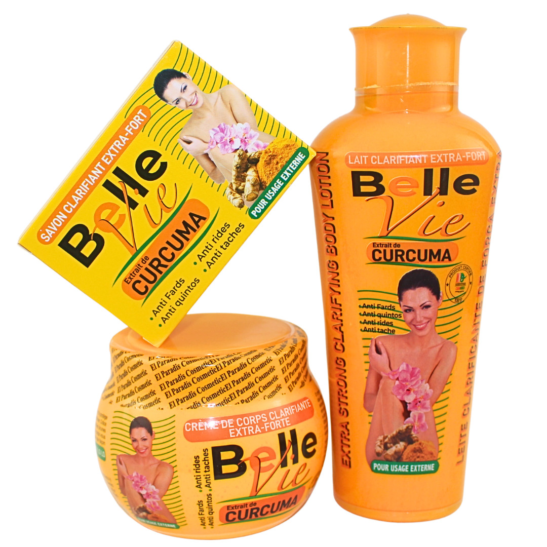 3pcs Belle Vie Curcuma Extracts .Body Lotion,Cream & Soap Clarifying Set 475Ml.