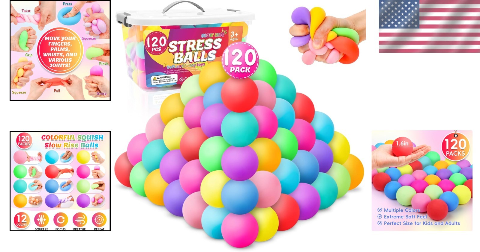120pc Squishy Stress Balls – 1.6in Anxiety Relief Fidget Toy Set