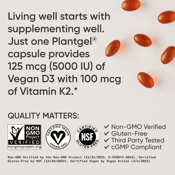 Vitamin D3 + K2 5000iu Plant-Based D3 + 100mcg Vitamin K2 as MK-7 – 120 Softgels