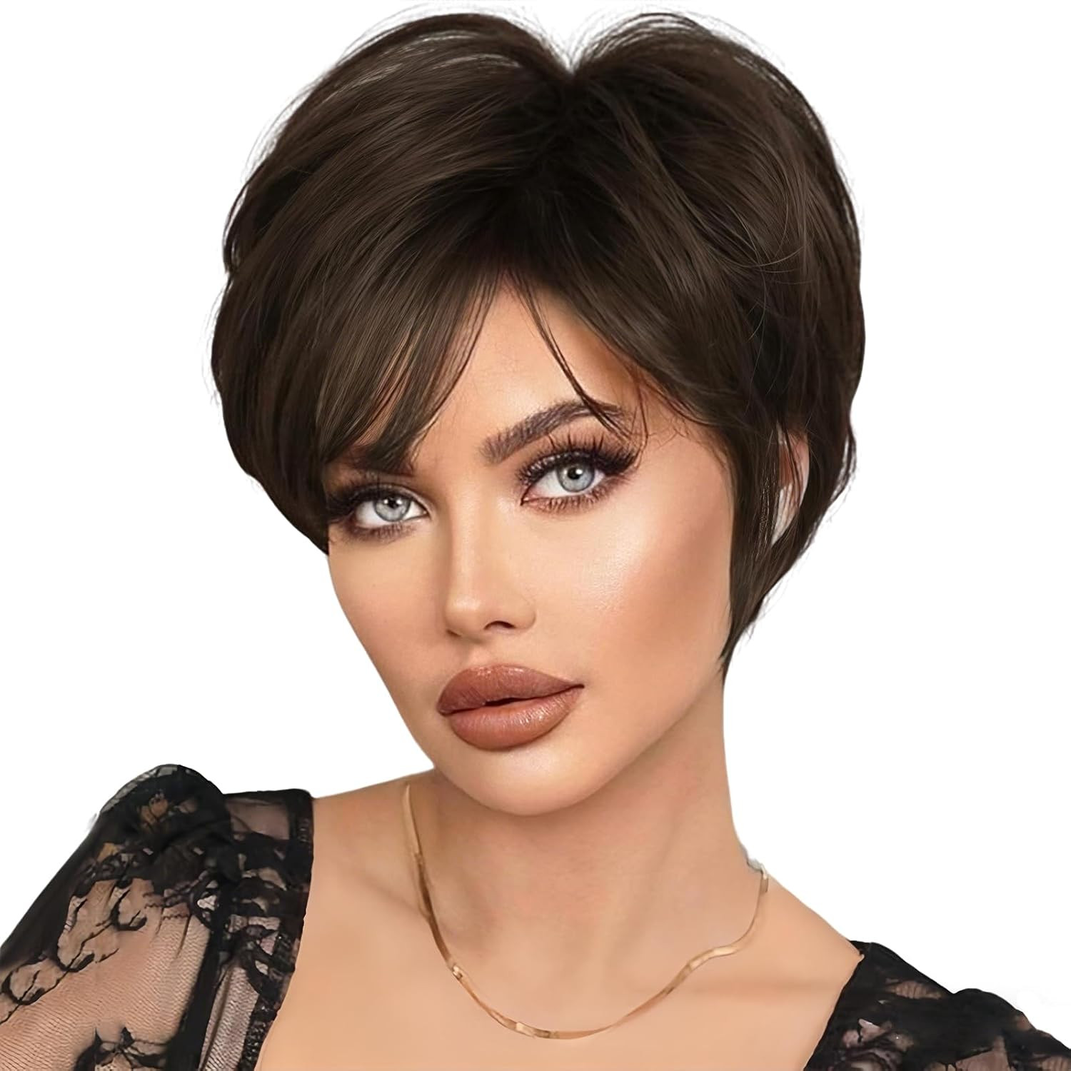 Pixie Cut Wigs Short Stylish Fluffy Layer Wig None Lace B-Chocolate Brown