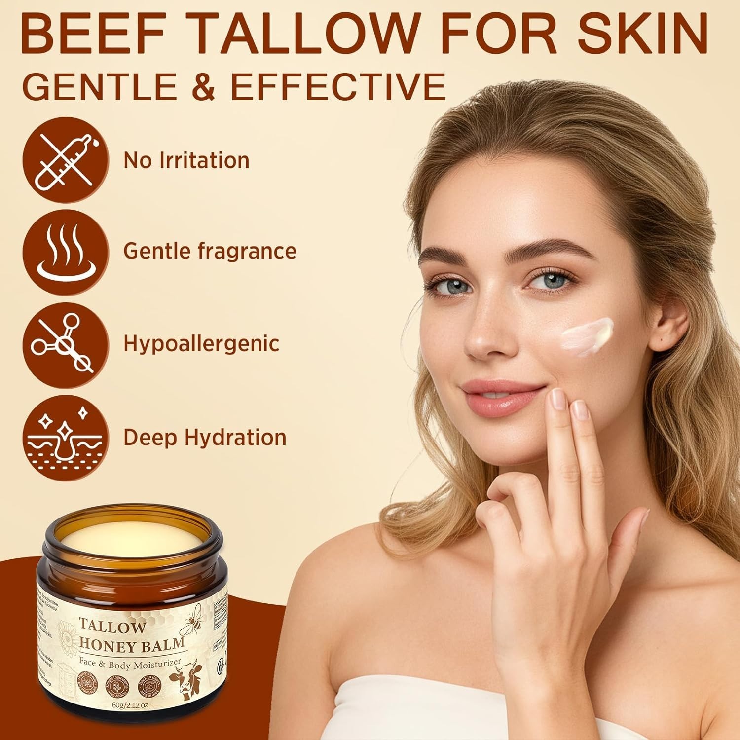 Tallow Honey Balm Face Body Moisturizer Grass Fed Beef Tallow 2oz