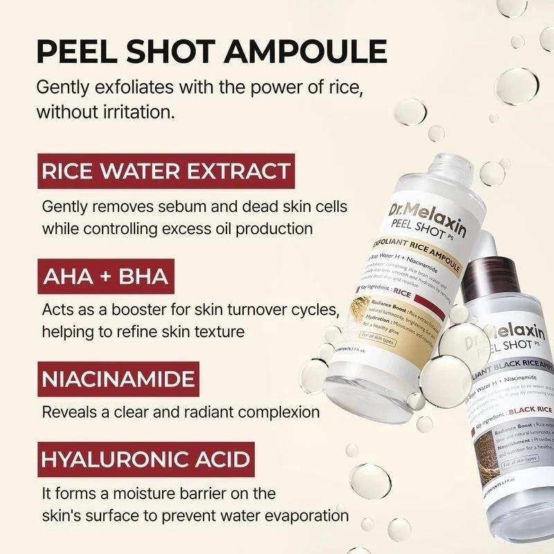 Dr.Melaxin Black & White Rice Peel Shot Ampoule, Gentle Acid Exfoliating Duo