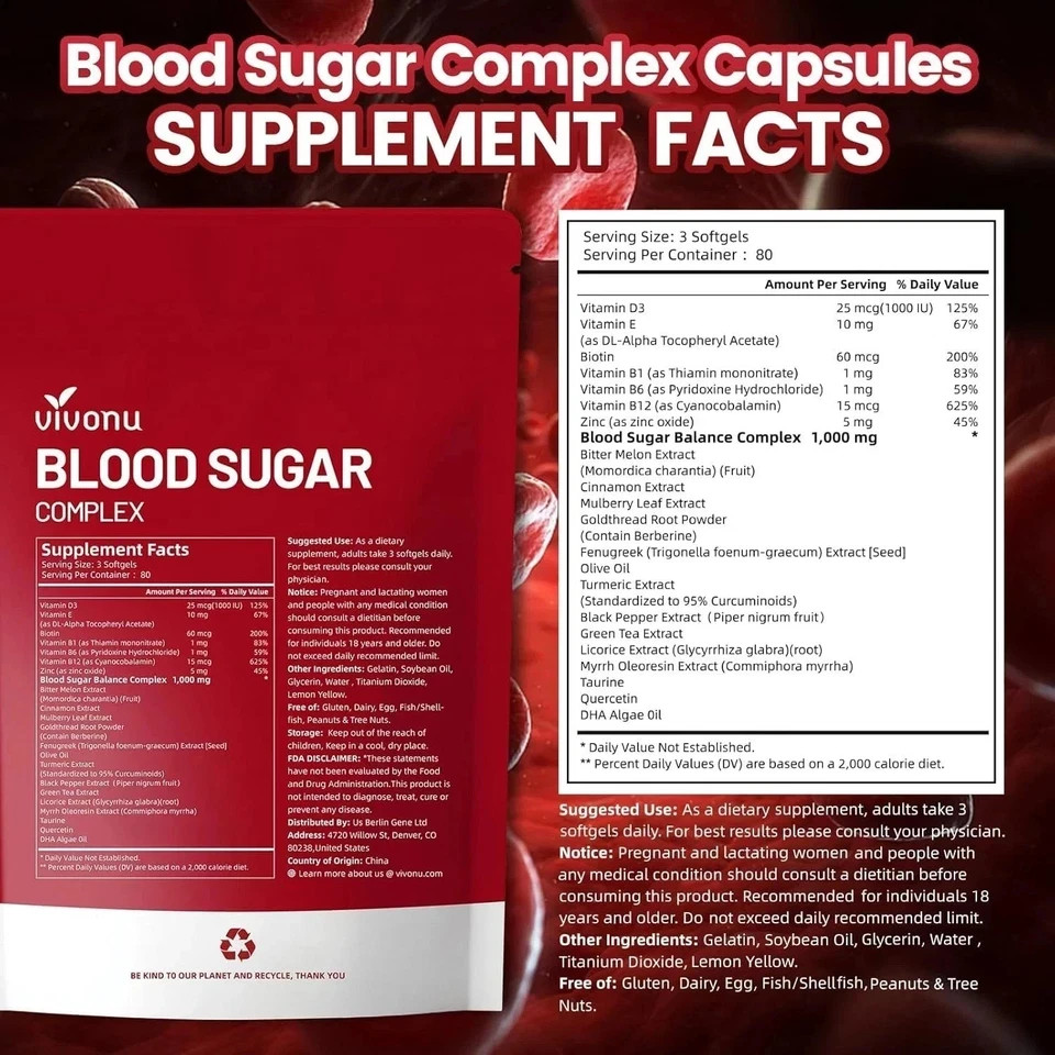 VivoNu Blood Sugar Complex Supplement with 20 Herbs and Vitamins 240 Softgels