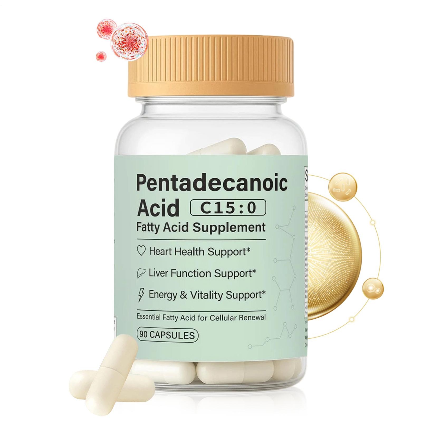C15:0 Fatty Acid Supplement, 90 Pentadecanoic Acid Capsules, Pure Plant-Based Es