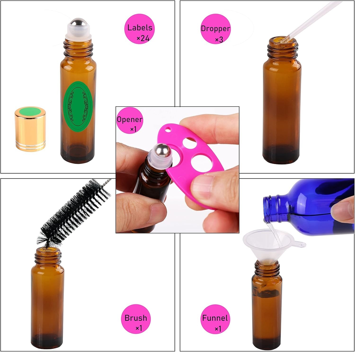 24 Pack 10ml Amber Glass Roller Bottles – Perfect for Essential Oils & Travel
