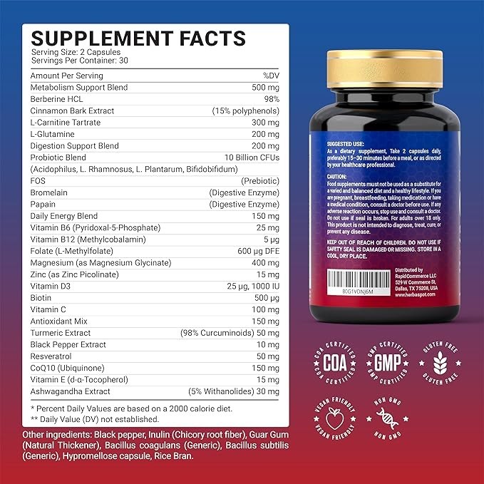 Berberine GLP Weight Loss Metabolic Support w/ Probiotics Resveratrol 60Caps