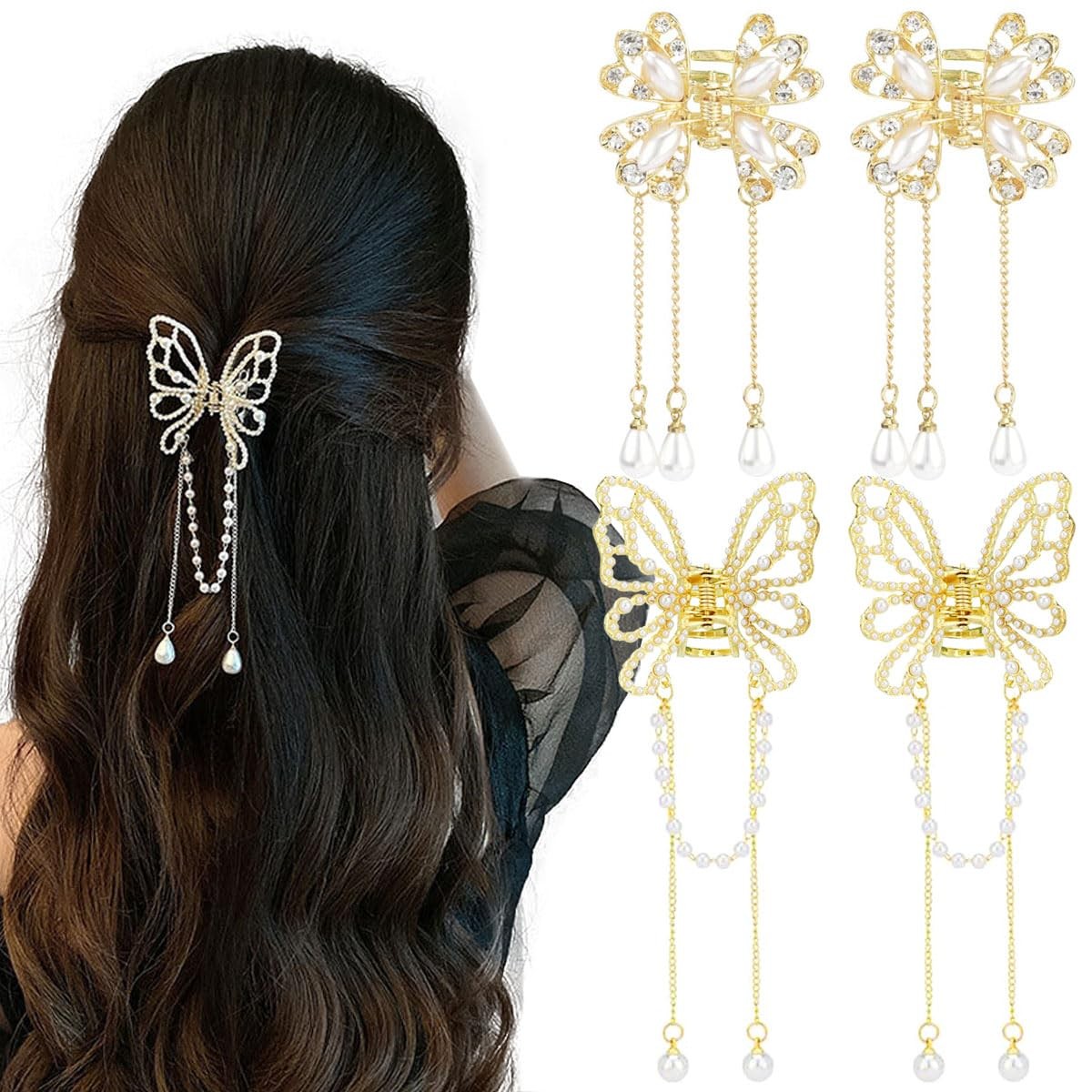GeoGeoDIY 4 PCS Butterfly Tassel Hair Clip Set, 4 Count (Pack of 1), Gold