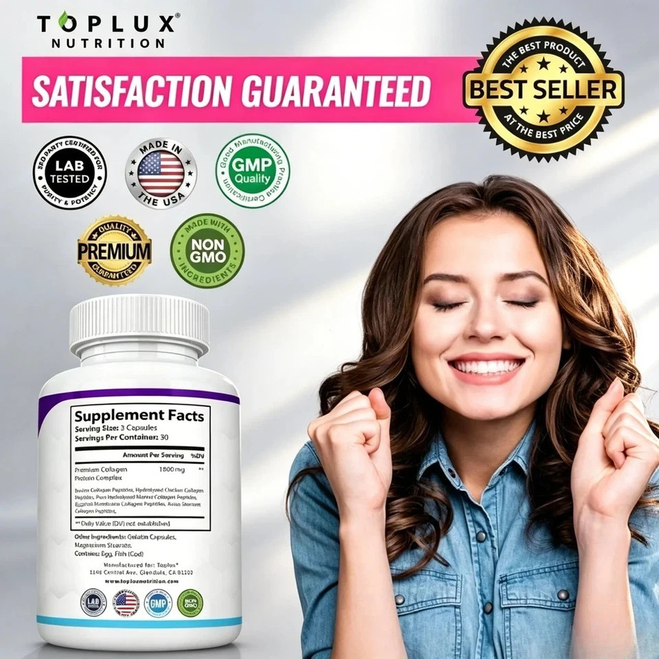 Toplux Nutrition 5-Type Collagen Peptides – Skin & Joint Support, 90 Capsules