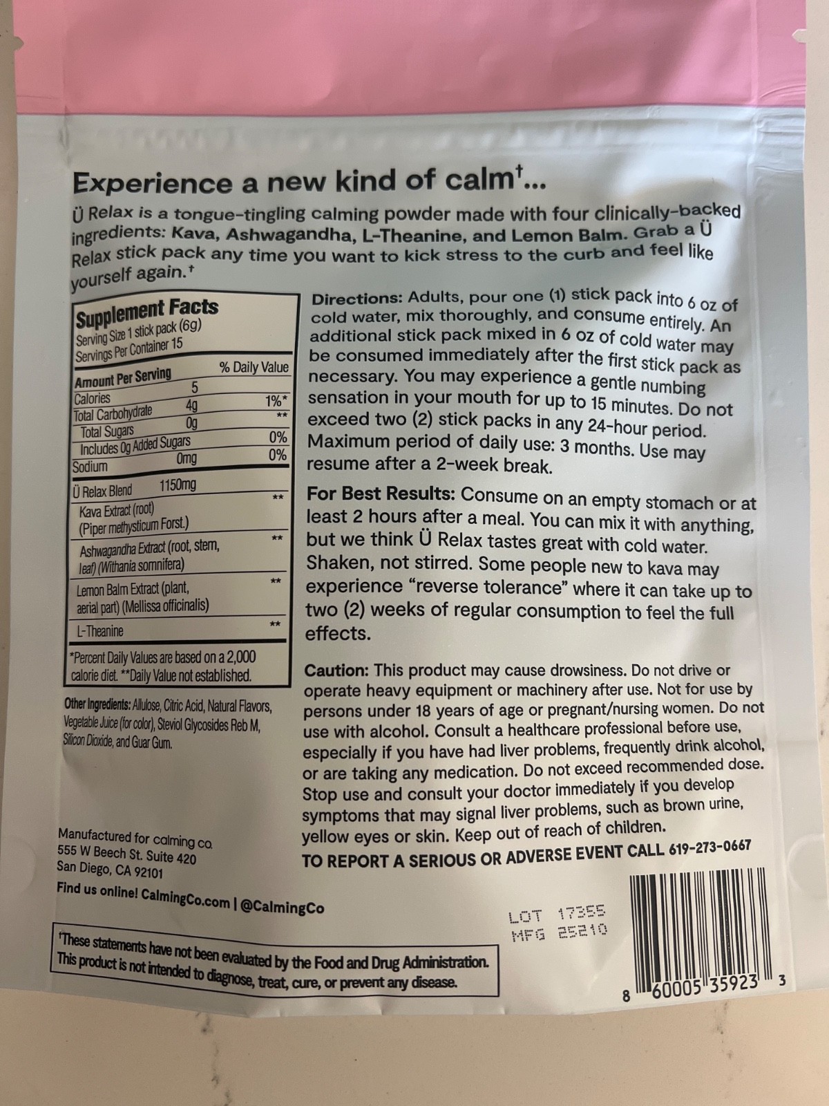 U Relax Calming Drink Mixed Berry 15 Sticks, Unopened