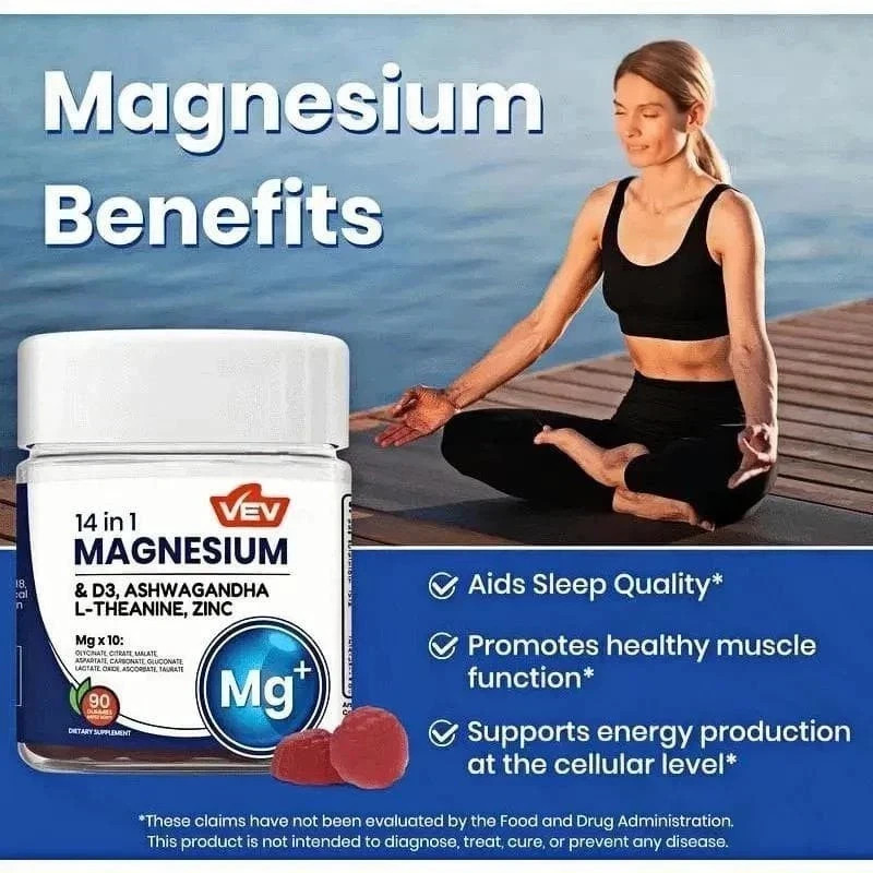 VEV 14-in-1 Magnesium Gummies – 10 Mg Types + D3, Ashwagandha – 90 Ct (2-Pack)