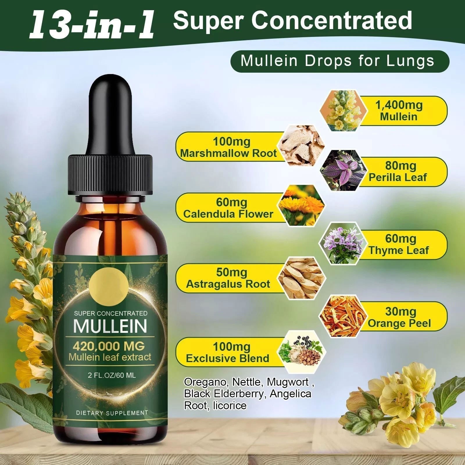 Mullein Leaf Extract Super Concentrated 420,000 MG 2 FL.OZ/60 ML Lung Cleanse G