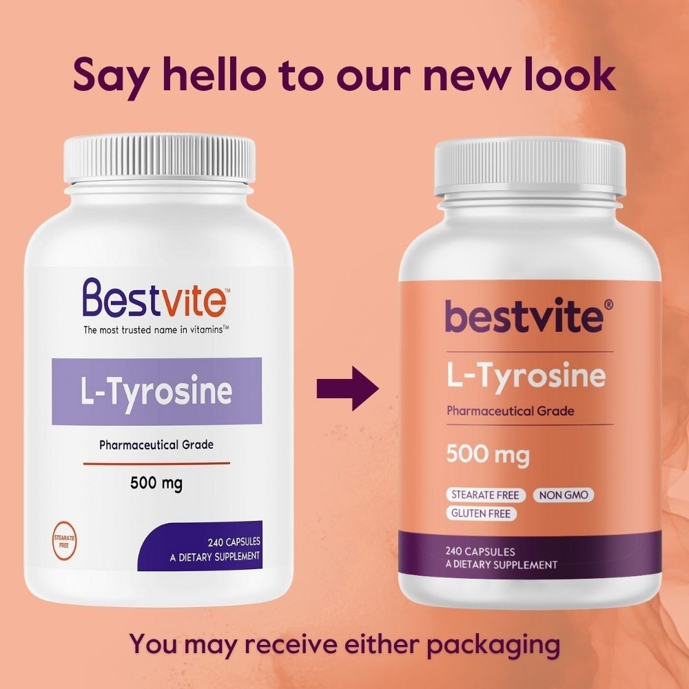 Bestvite L-Tyrosine 500mg (240 Capsules) – No Stearates – Non GMO – Gluten Free