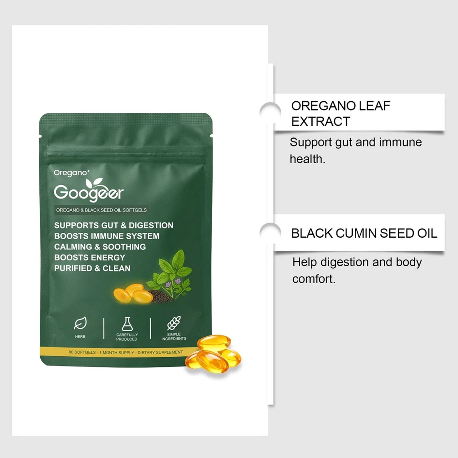 60pcs Oil of Oregano and Black Seed Oil Softgels 6000mg Supports Gut & Digestion
