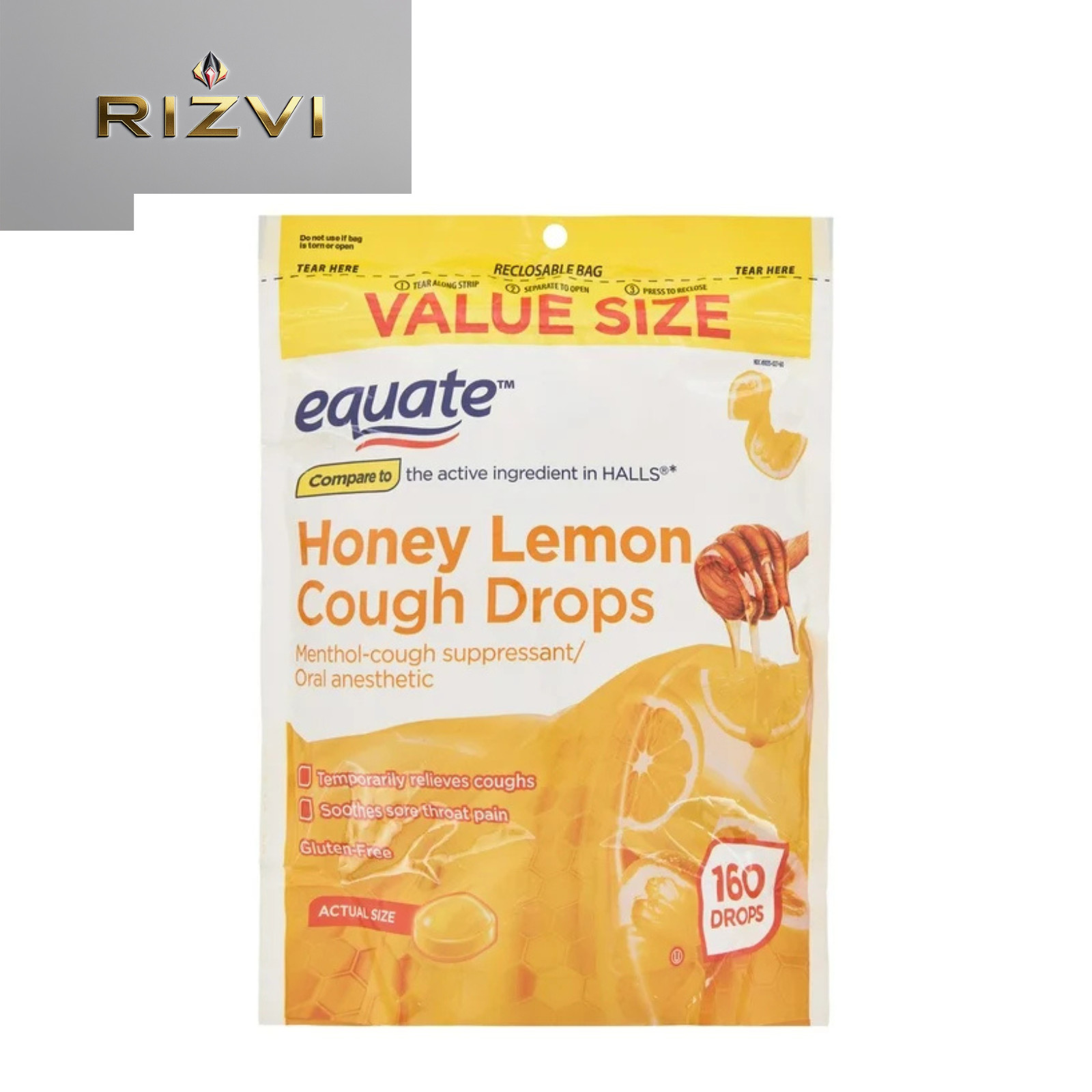 Equate Sore Throat and Cough Relief Menthol Cough Drops Honey Lemon Flavor 160CT