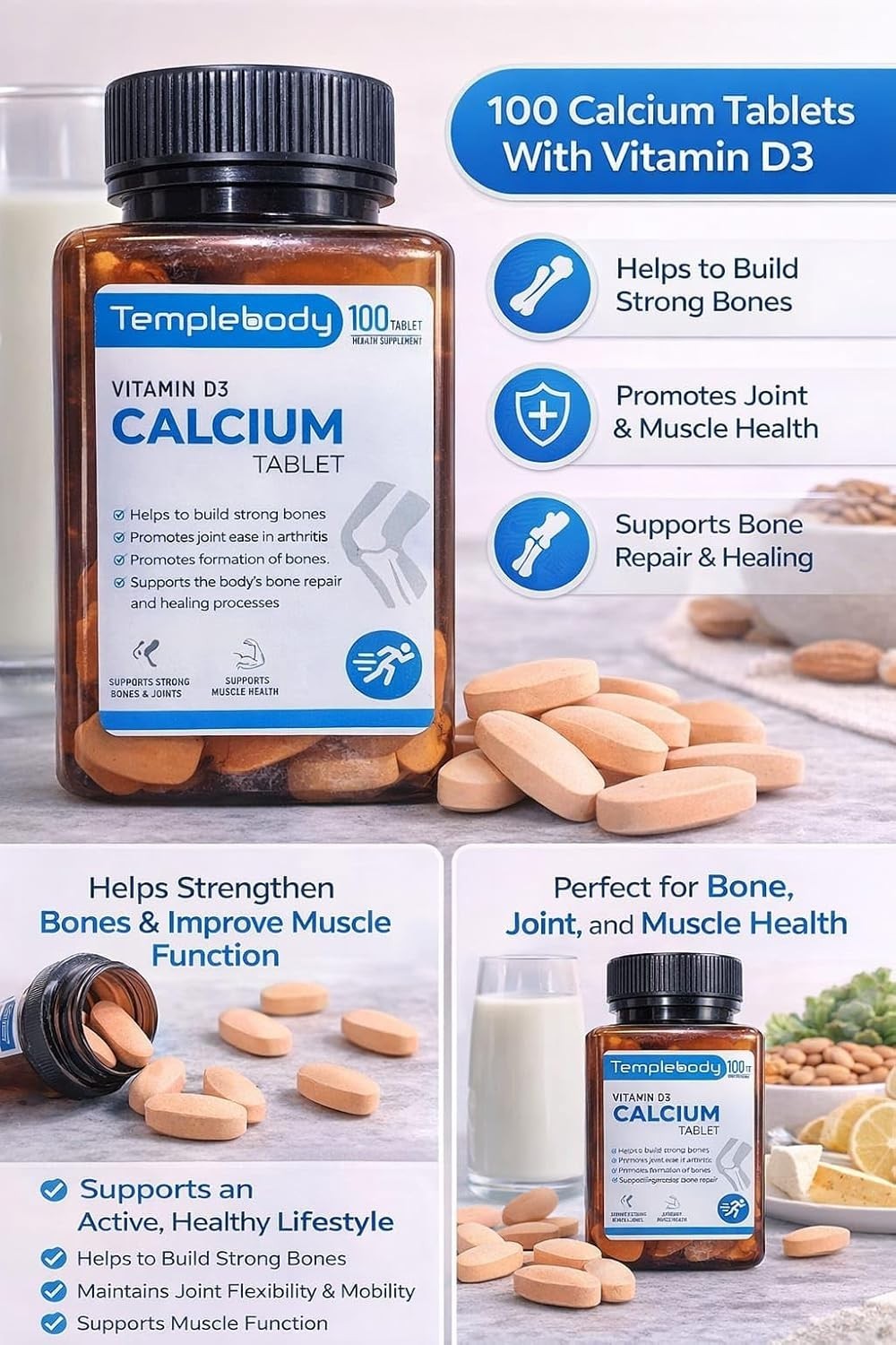 Tem.plebody Calcium Vitamin D3 Magnesium Zinc 100 Tablets