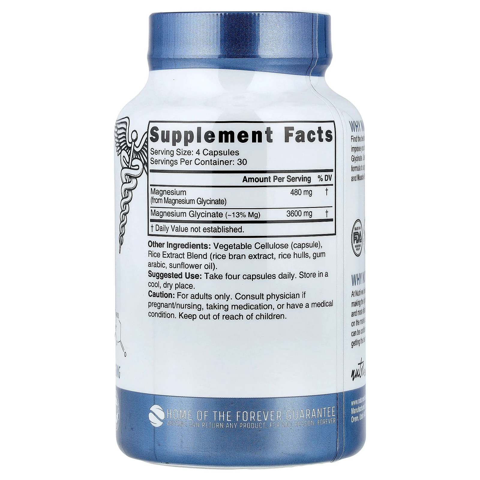Nutri, Magnesium Glycinate, High Absorption, 480 mg, 120 Vegan Capsules (160 mg