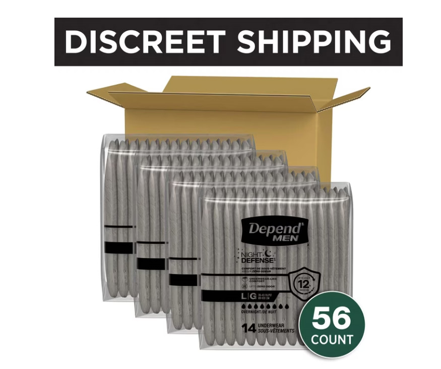 Depend Night Defense Incontinence Underwear for Men, Adult Diapers, L, 56 Count