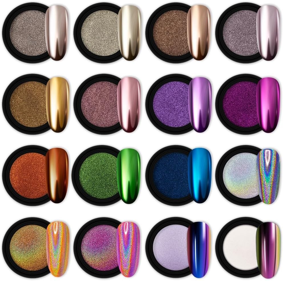 16 Jars Chrome Nail Powder Set: Holographic & Chameleon Pigments for Nail Art