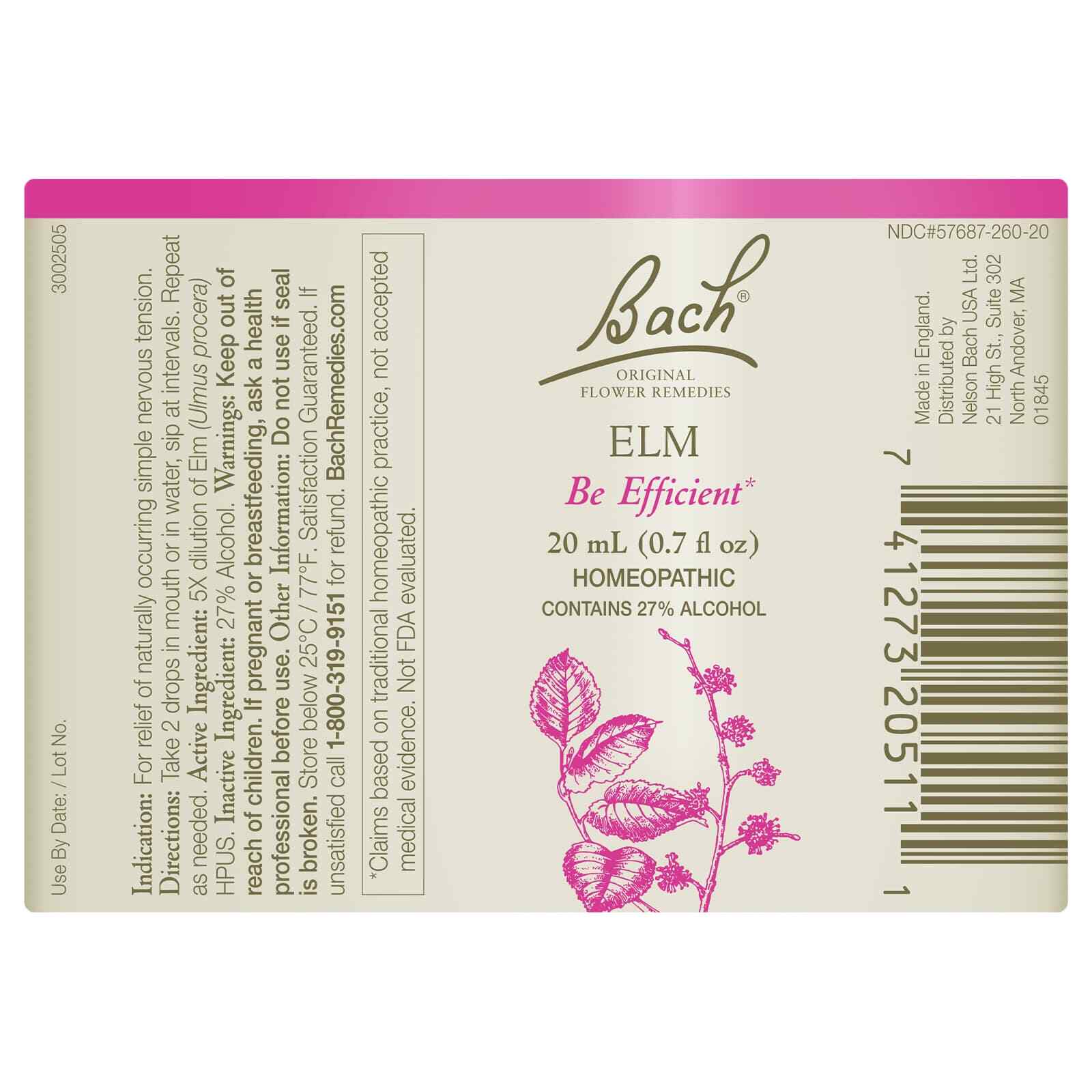 Bach Original Flower Remedies Elm, Be Efficient 0.7 fl. oz. (20mL)