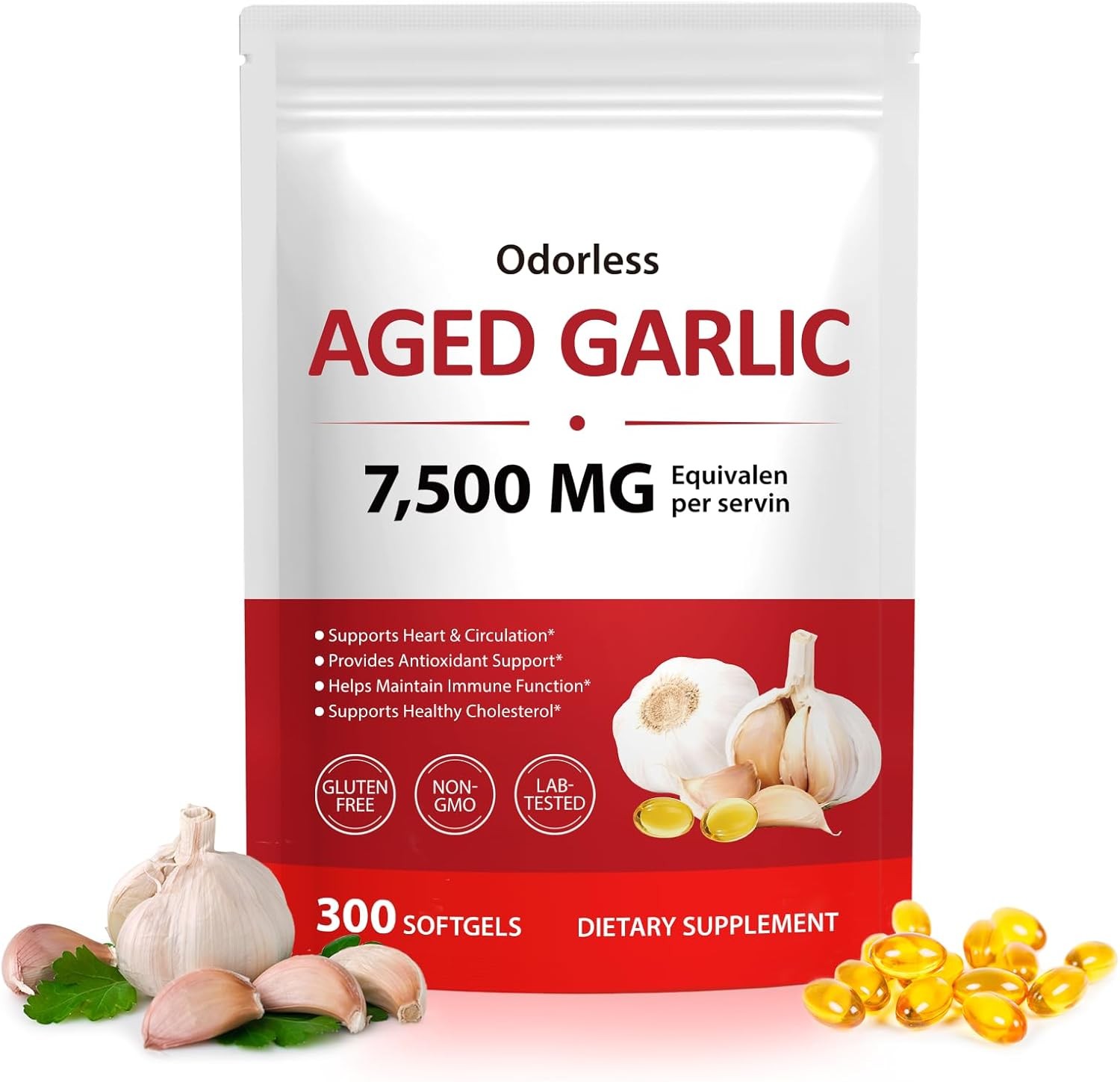 Odorless Garlic 7500mg Per Servings, 300 Softgels | 2 Years Aged Garlic Extra…