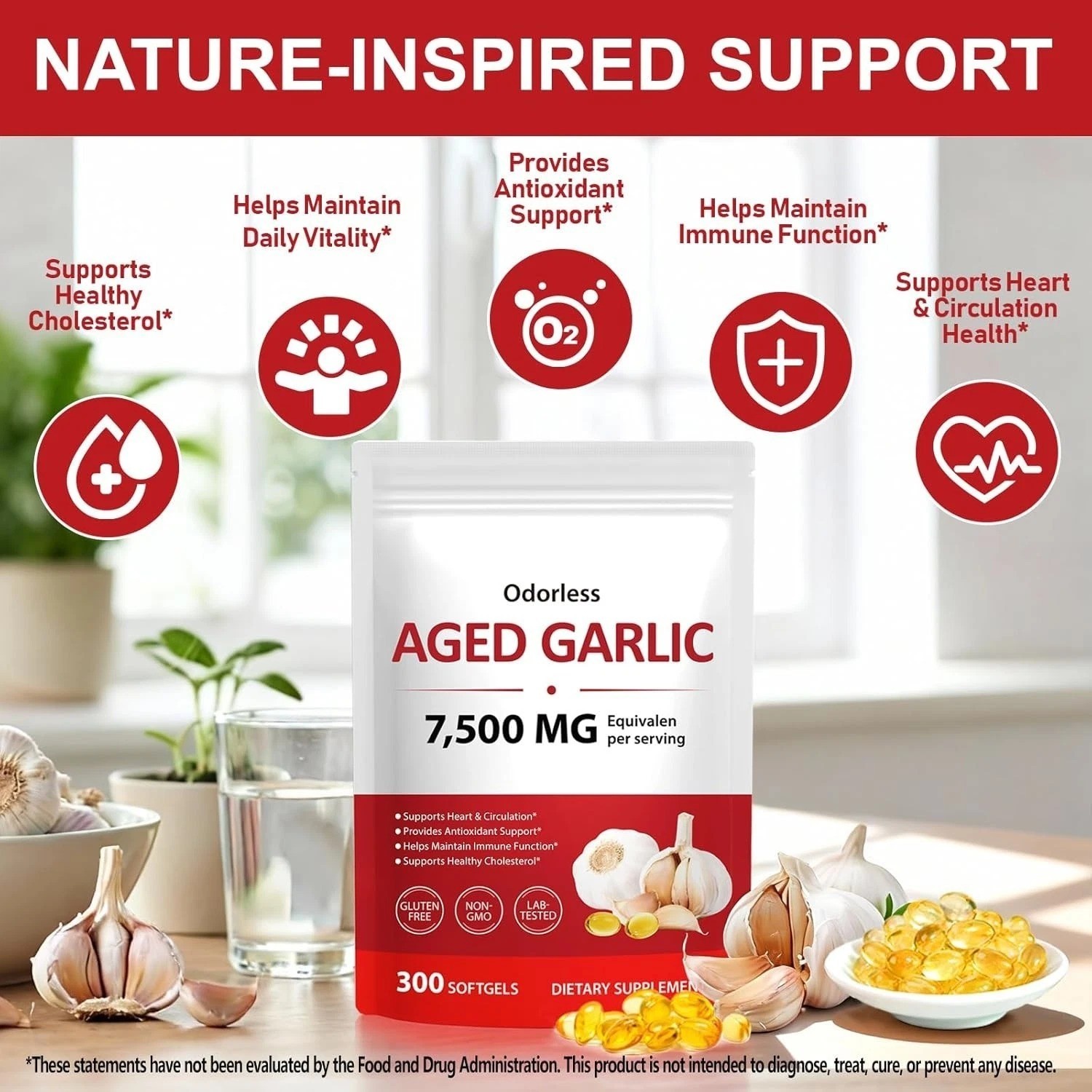 Odorless Garlic 7500Mg per Servings, 300 Softgels | 2 Years Aged Garlic Extra..