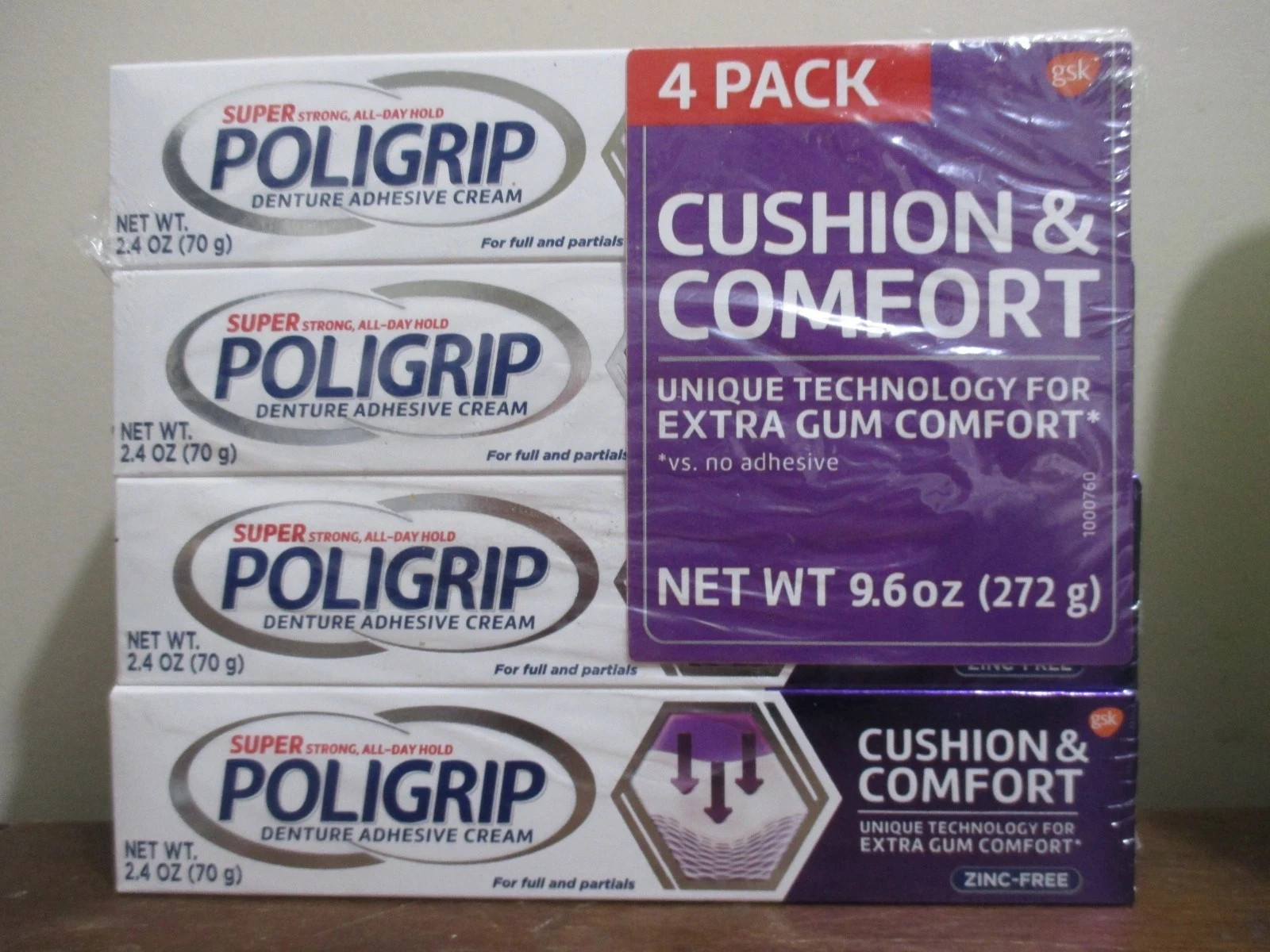 4 pack POLIGRIP Cushion & Comfort Denture Adhesive Cream 2.4 oz Each 2023 NEW