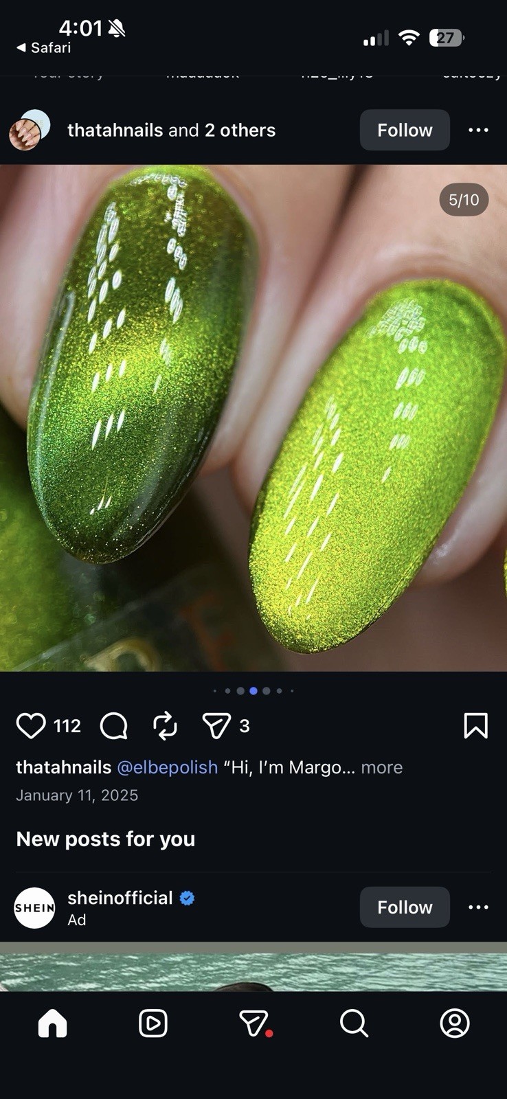 ELBE indie nail polish HHC 01/2025 HI, IM MARGO Duo Flakes GREEN Iridescent Jely