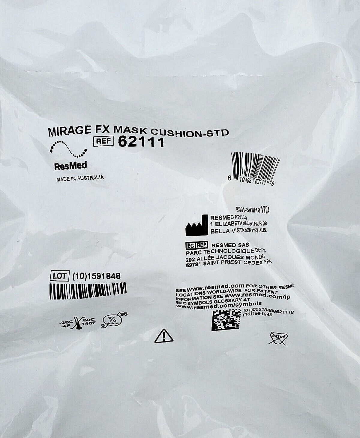 Authentic Resmed Mirage FX Nasal Cushion Standard # 62111 New Sealed Package
