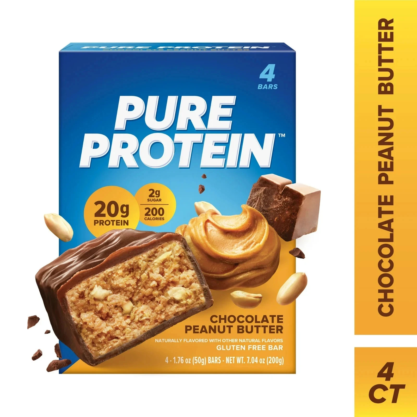 1.76 oz, 4 Ct Pure Protein Bars,Chocolate Peanut Butter, 20g Protein,Gluten Free