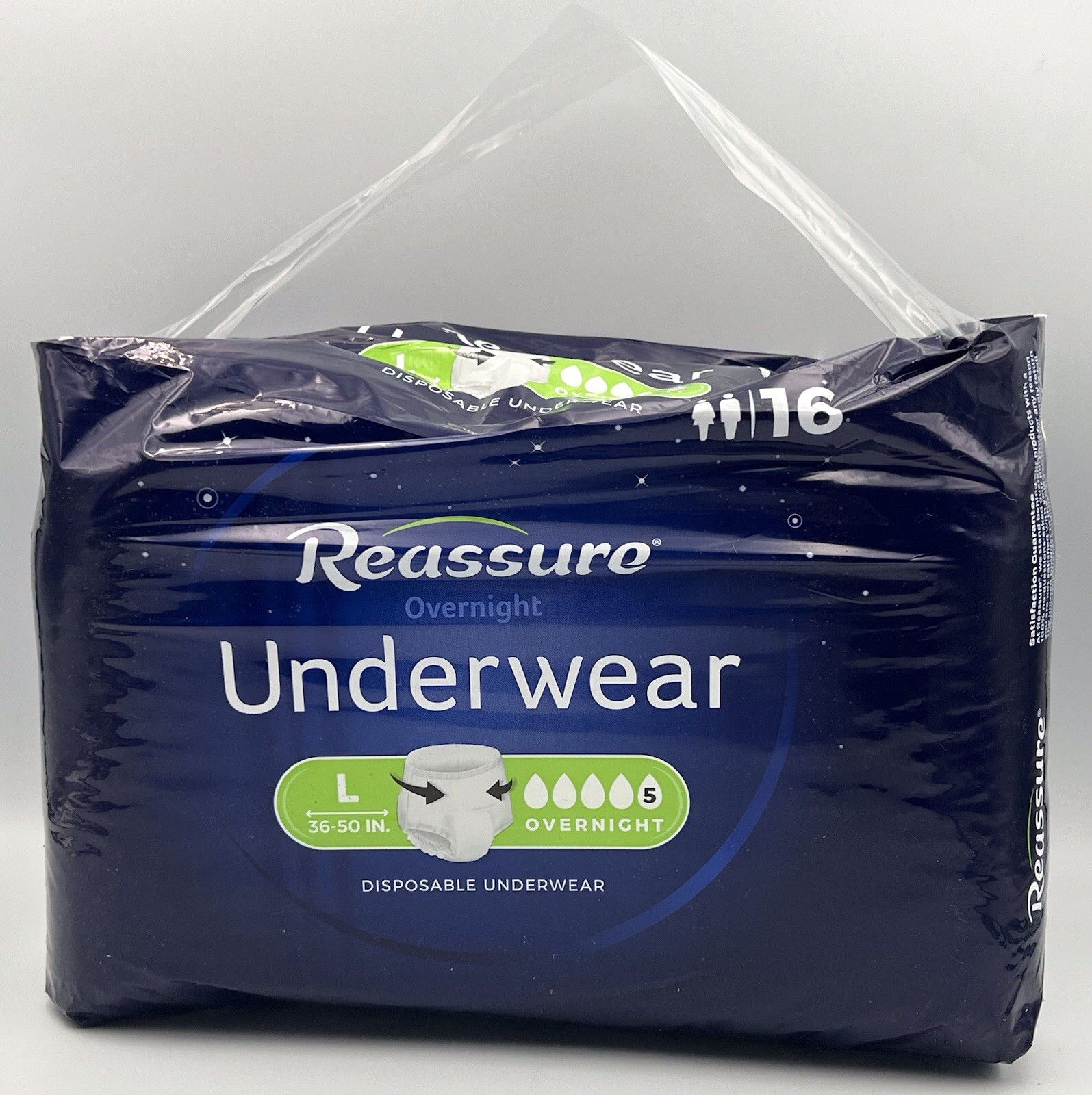 Reassure Unisex Adult Overnight Underwear Size L 36”-50” ~ 16 Count
