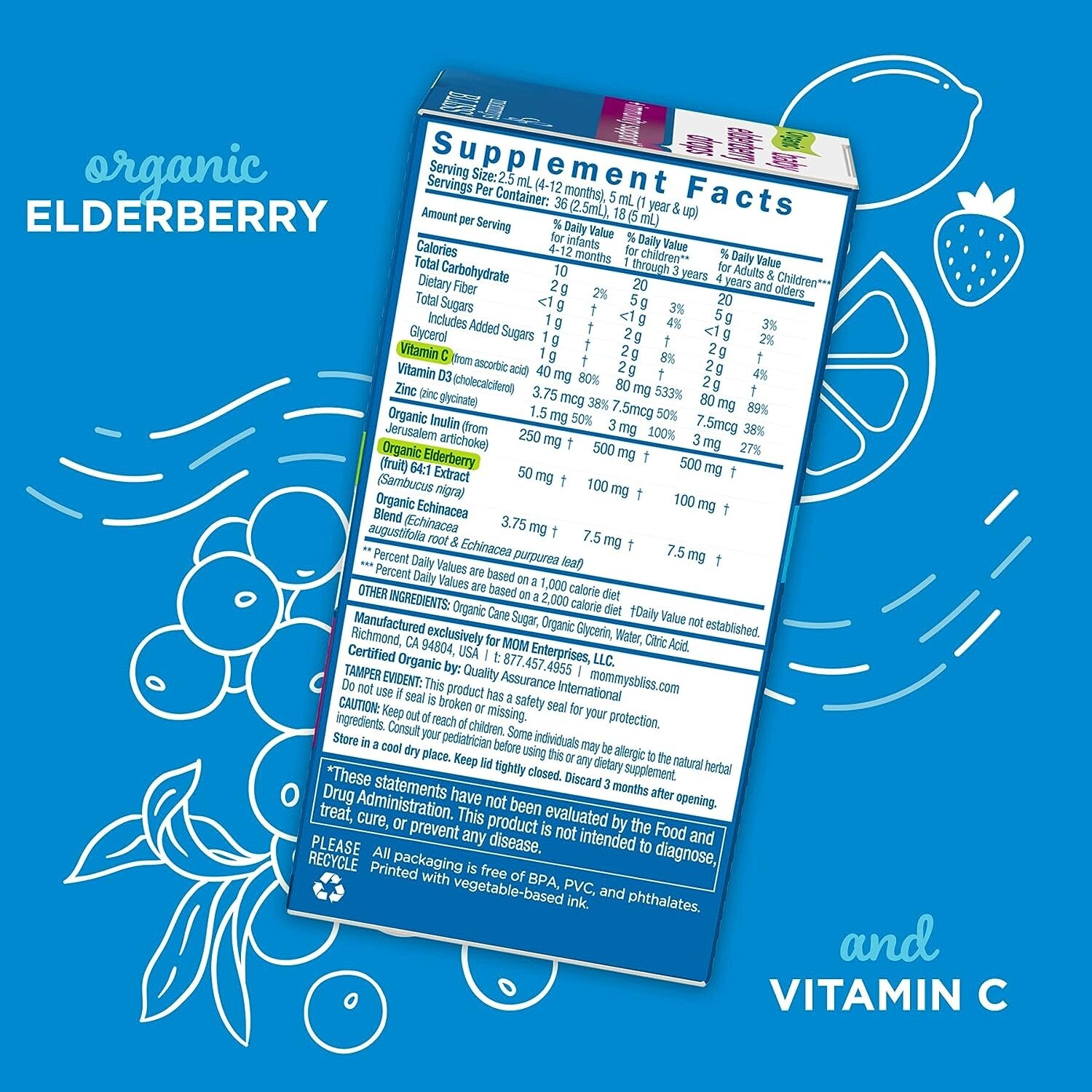 Mommy’s Bliss Organic Baby Elderberry Drops,Age 4 Months +,3 Fl Oz (36 Servings)