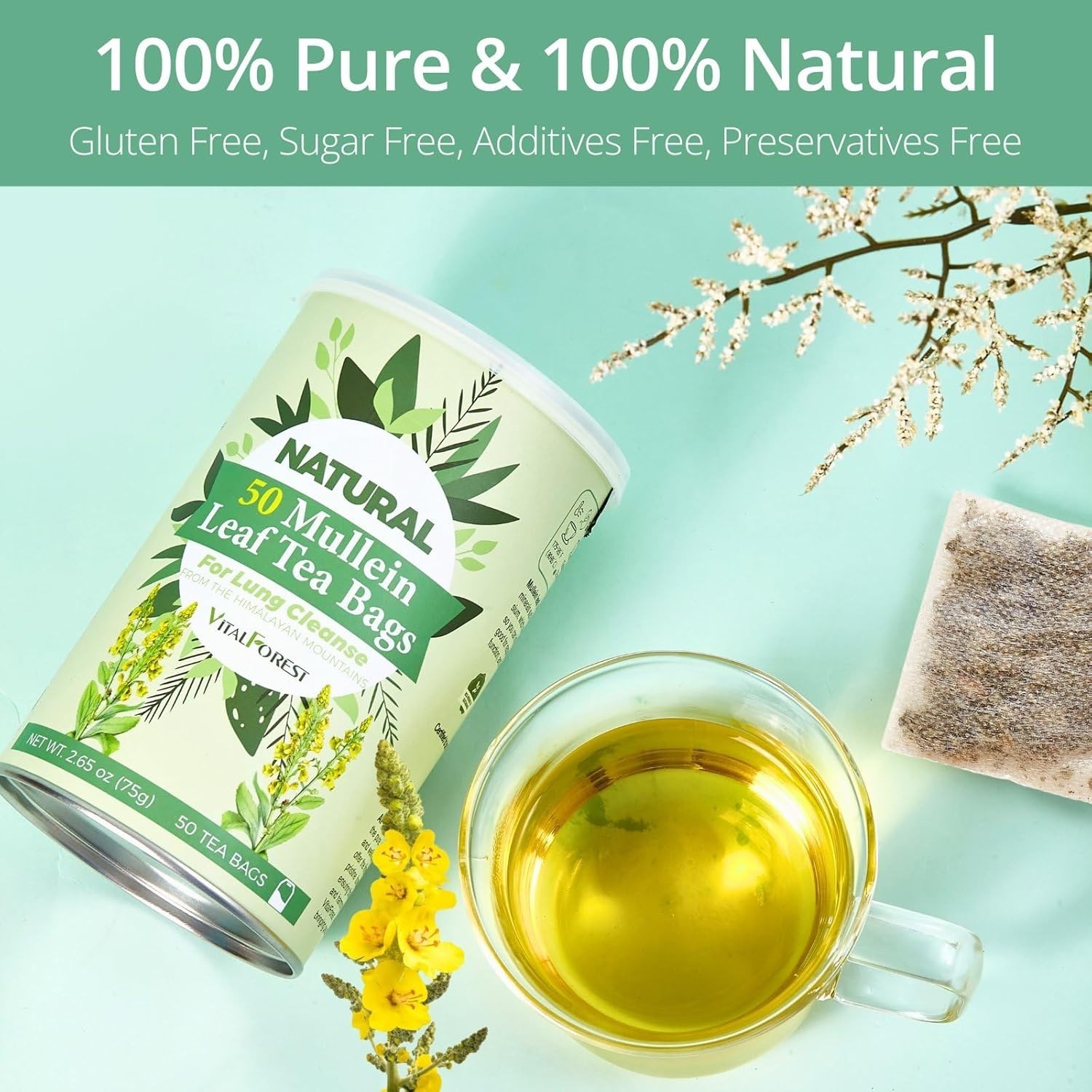 50 Mullein Tea Bags for Lungs, VitalForest 100% Pure Mullein Leave Tea.