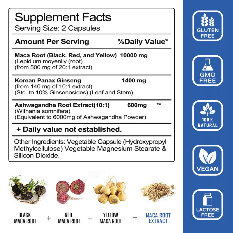 Organic Maca Root + Panax Ginseng 12000mg, Peruvian Maca Extract for Men & Women
