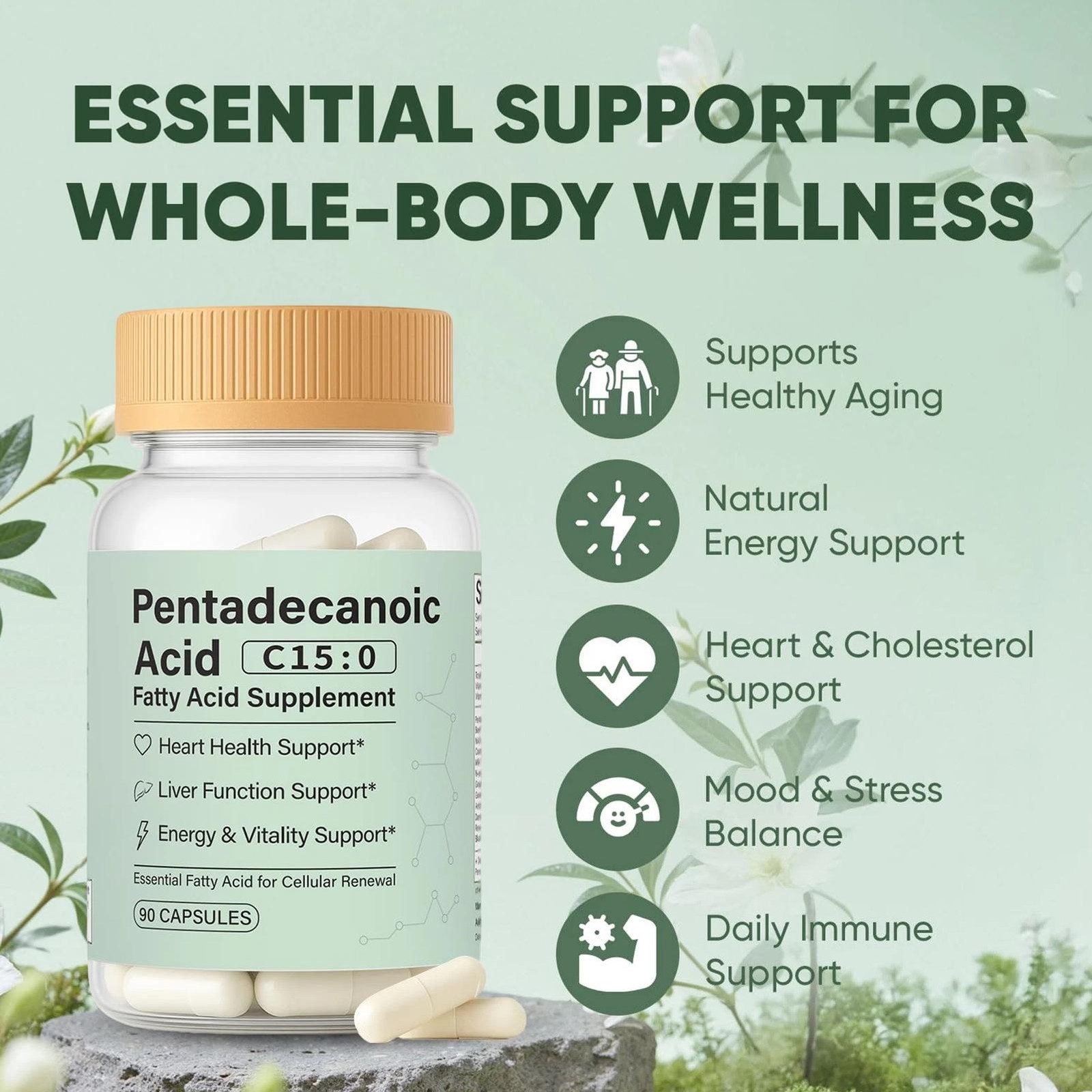 C15:0 Fatty Acid Supplement, 90 Pentadecanoic Acid Capsules, Pure Plant-Based Es