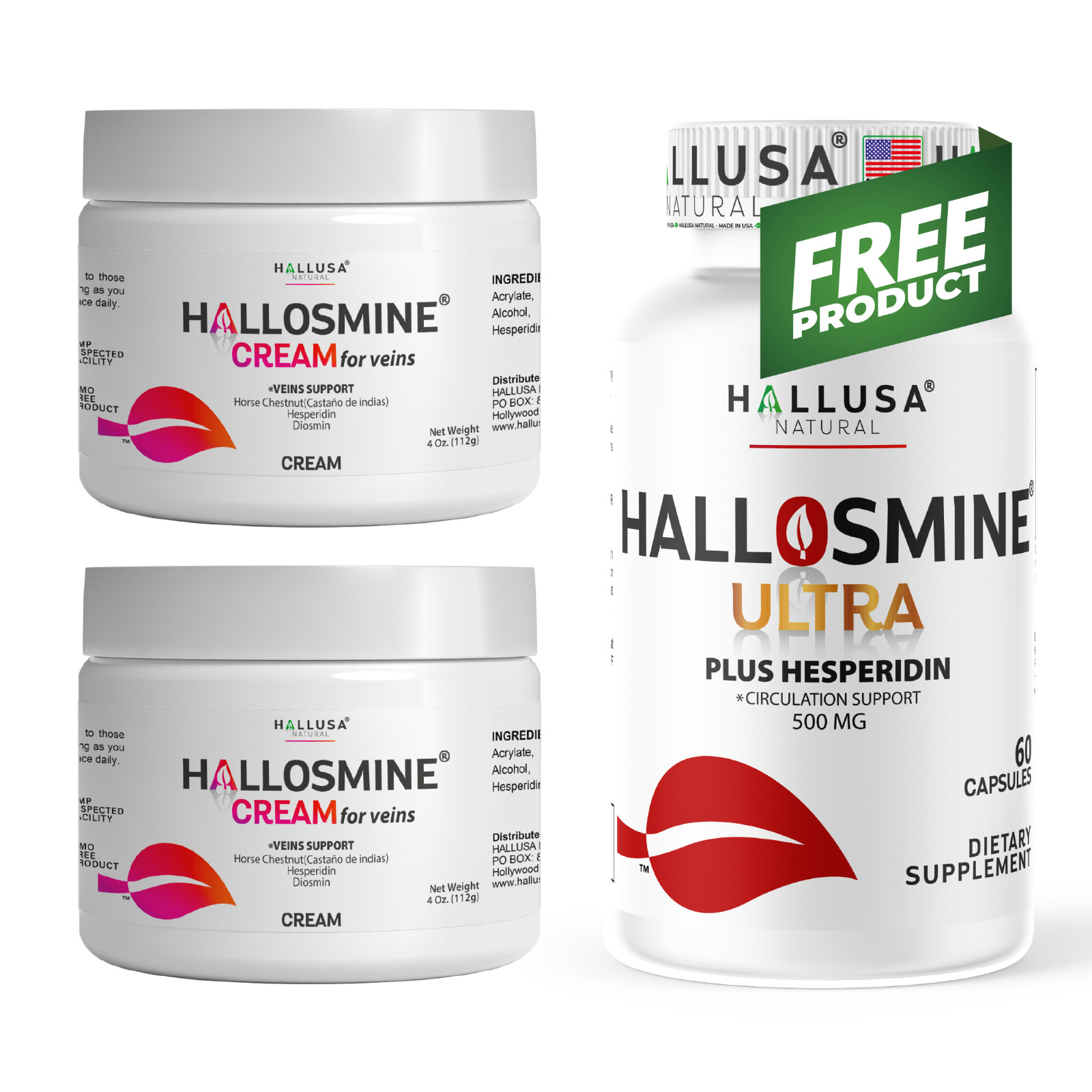 2 pack Hallosmine cream + Free Hallosmine Ultra Diosmin, Vein support supplement
