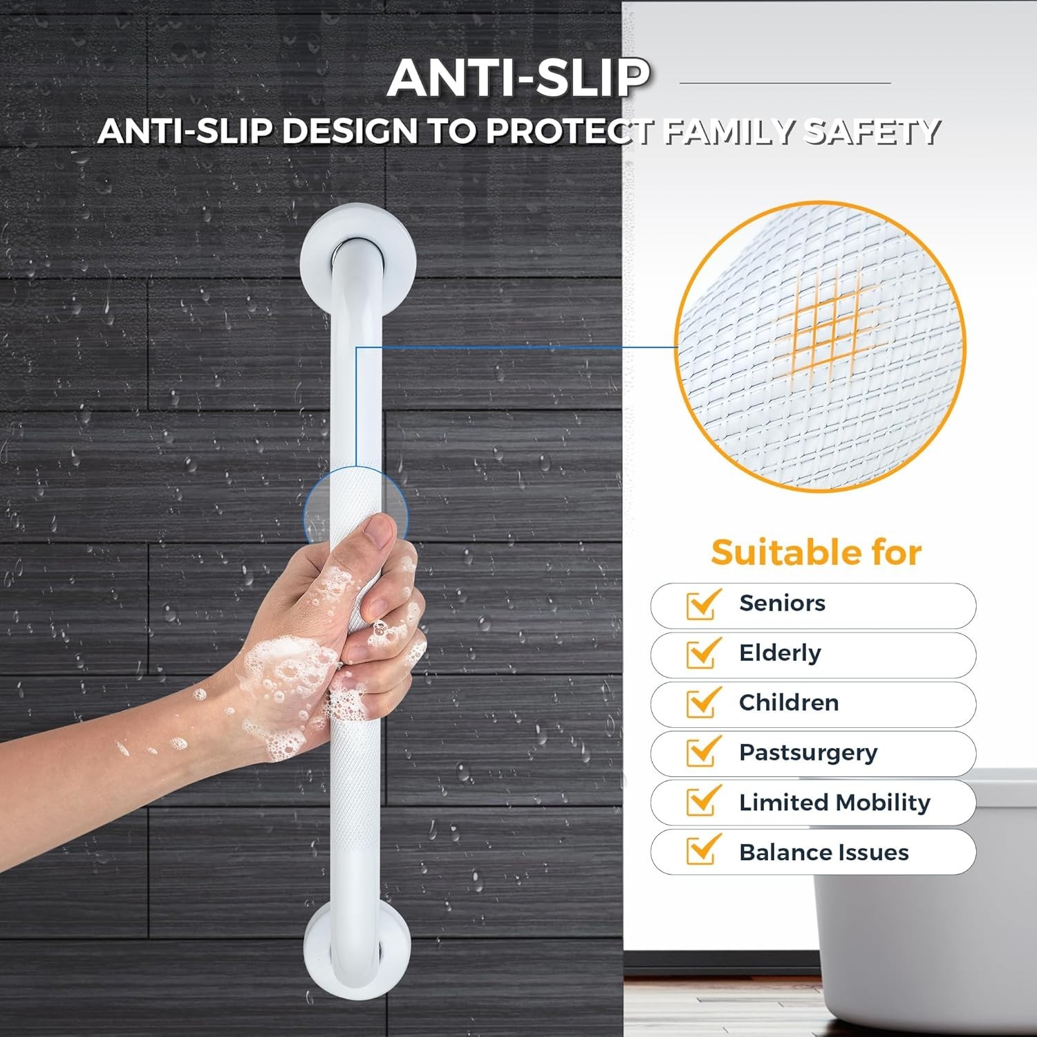 Barras de apoyo para ducha, paquete de 2, manijas antideslizantes de 40 cm para