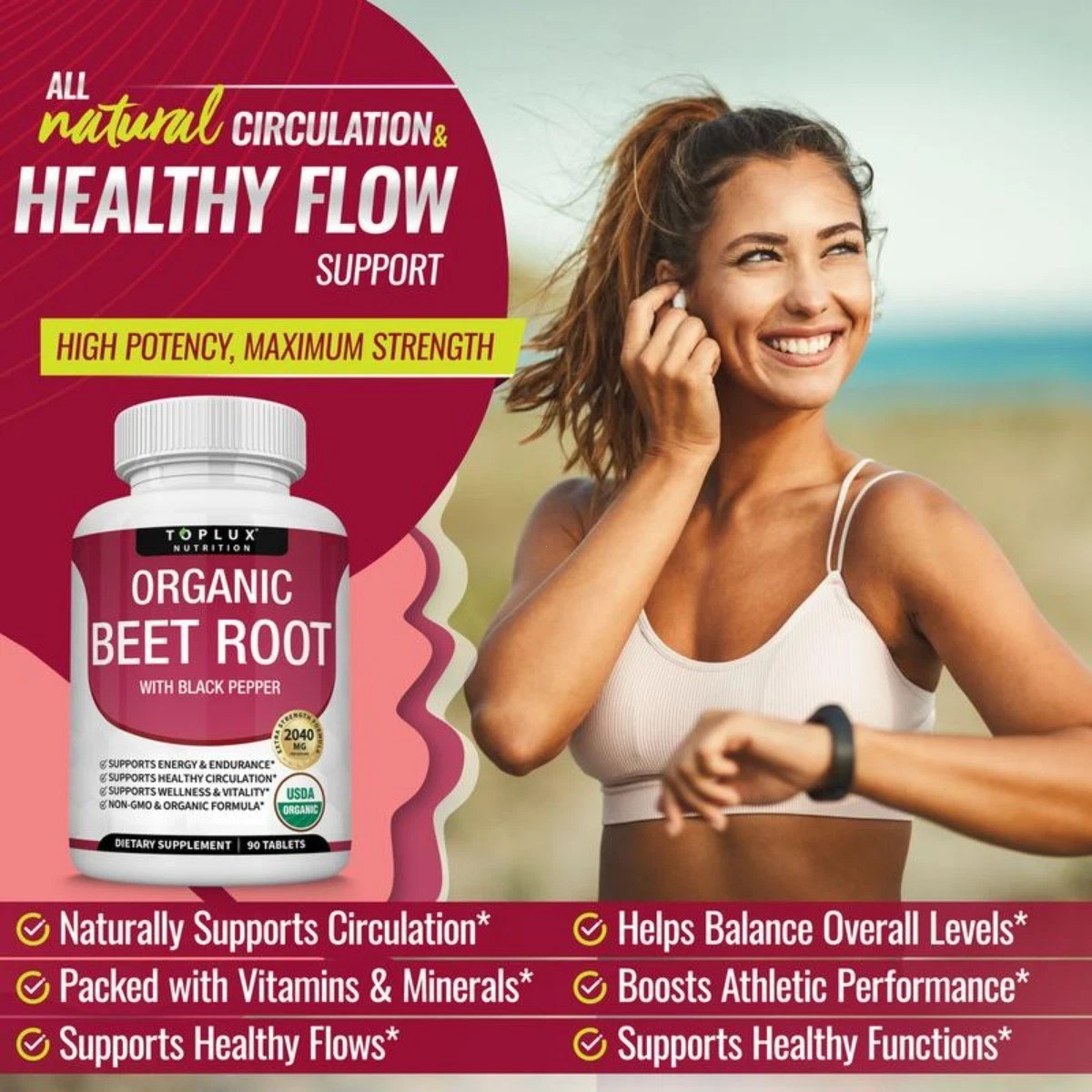Toplux Organic Beet Root 2040mg | Nitric Oxide Boost Supplement Tablets